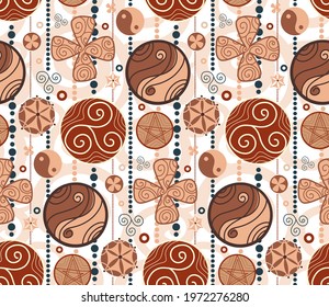 Seamless pattern with wooden garland of amulets and curls on a white background. Vector texture with yin yang, triskel and horseshoe. Wallpaper with talismans for good luck