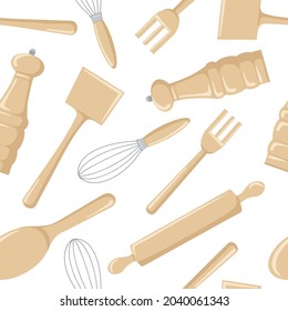 Seamless pattern of wooden kitchen tools for cooking. 