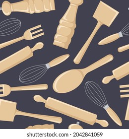 Seamless pattern of wooden kitchen tools for cooking. 