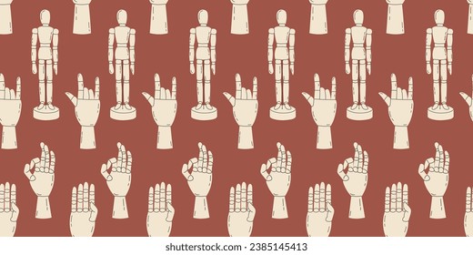 Nahtloses Muster mit Holzmannequin und Handgesten auf braunem Hintergrund. Muster für die Papierverpackung auf Stoff. Vektorgrafik im handgezeichneten Stil.