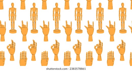 Seamless pattern with wooden mannequins on a white background. Pattern for wrapping paper print on fabric. Vector stock illustration.