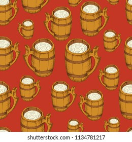 Seamless pattern with wooden mug. Background design. Colorful illustration with Cutlery. Decorative wall paper, good for printing. Hand drawn vector set for the bath. Hand drawing in retro style