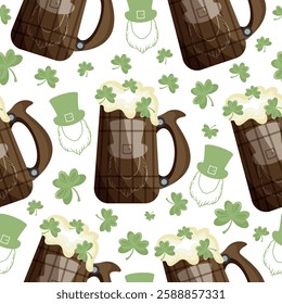 seamless pattern with wooden mugs with leprechaun face print with wheat beer and shamrock leaves arranged randomly, design for St. Patrick's Day