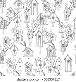 Seamless  pattern from the wooden nesting boxes drawn by hand.Birdhouse made of boards.Background in vector.