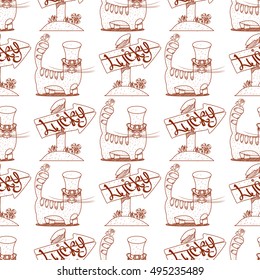 Seamless pattern with a wooden pointer with inscription luck.