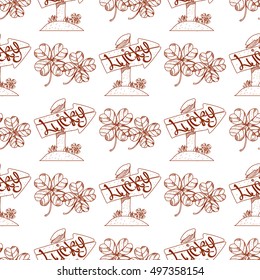 Seamless pattern with a wooden pointer with inscription luck.
