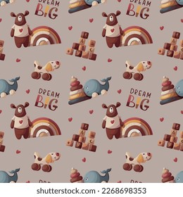 Seamless pattern Wooden push toys, baby's pyramid, rainbow, blocks, teddy bear. Children's toys, kid's shop, playing, childhood concept. Vector illustration.