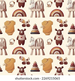 Seamless pattern with wooden push toys, pyramid, teddy bear, plush bunny, baby bodysuit. Children's toys, clothes, childhood concept. Vector illustration.