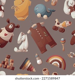 Seamless pattern with wooden push toys, pyramid, teddy bear, baby bottle, plush bunny, baby bodysuit. Children's toys, clothes, childhood concept. Vector illustration.