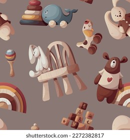 Patrón sin foco con juguetes de empuje de madera, pirámide, osito de peluche, conejo de felpa, arcoiris. Juguetes, ropa, concepto infantil. Ilustración vectorial.