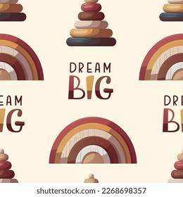 Patrón sin foco con arco iris de madera, pirámide, letras escritas a mano "dream big". Esperanza de bebé, infancia, niñez, concepto de parto. Ilustración vectorial.