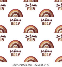 Seamless pattern Wooden rainbow, "welcome baby" handwritten lettering. Baby waiting, childhood, babyhood, childbirth concept. Vector illustration.