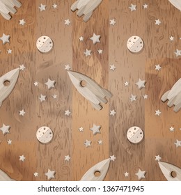 Seamless pattern with wooden rocket, moon and stars on wooden background