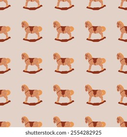 Seamless pattern with wooden rocking horse. New Year's tree toy. Marry Christmas and Happy New Year. Scandinavian style. Hand drawn vector illustration