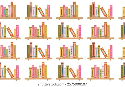 Seamless pattern of wooden shelves with books. Сolorful background with printed literature.