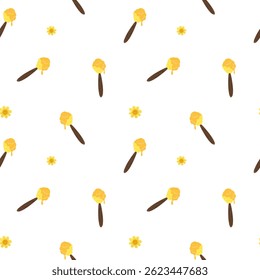 Patrón sin fisuras con cucharas de madera goteando miel y lindas flores dibujadas a mano con texturas de moda. Ilustración vectorial plana