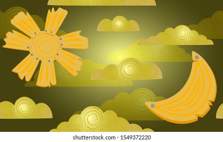 Seamless pattern with wooden sun, moon and golden clouds on a dark background. Tranquil night sky. EPS10 vector illustration