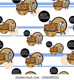 sin inconvenientes, con vajilla de madera con plato, Bowl redondo y cubiertos - tenedor, cuchara con fondo rayado. platos limpios reciclables, platos de comida y cubiertos de madera natural.