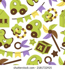 Seamless pattern of wooden vintage toys for kids. Children car, duck, rattle, elephant, toy cubes, house, flags. Educational nursery tools. Childhood, games, preschool activities. Toy workshop.
