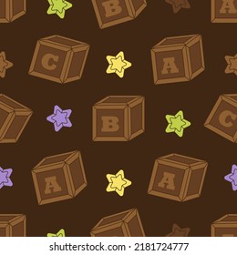 Seamless pattern of wooden vintage toys for kids. Children alphabet cubes with A,B,C letters and stars. Educational nursery tools. Childhood, children games, preschool activities. Toy workshop.