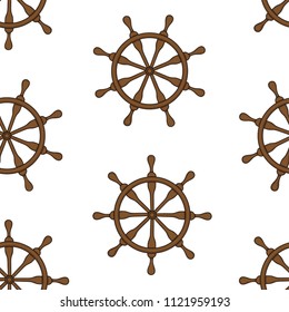 Seamless pattern with wooden wheel. Steering wheel ship on a white background. Cartoon style wallpaper. Marine theme textile. Hand drawing. Vector illustration.