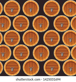 Seamless pattern of wooden wine or beer barrels flat vector illustration on dark background