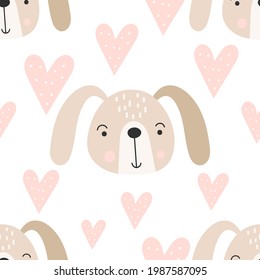 Seamless pattern woodland animals bunny nursery. Cute hare on white background. Vector illustration.