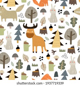 Seamless pattern with woodland, animals, decor elements. Colorful vector flat for kids. hand drawing. baby design for fabric, print, wrapper, textile