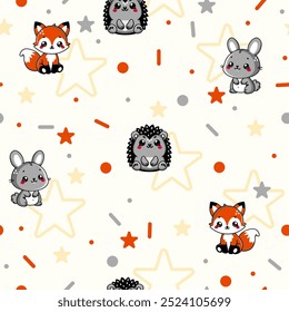 Padrão sem costura com animais da floresta como raposa, lebre, ouriço em um fundo amarelo suave, pontos, varas, estrelas, coelho, círculo, cinza, vermelho, laranja, preto, design de luz, tecido, papel de parede