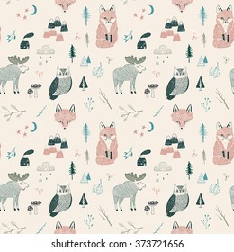 seamless pattern of woodland animals, trees, mountains  