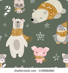 Seamless pattern with woodland animals. Vector polar bears, penguin, pig and kitten.Good for christmas cards, invitations, wallpaper, banners, kindergarten, baby shower, children room decoration.