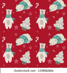 Seamless pattern with woodland animals. Vector polar bears.Good for christmas cards, invitations, wallpaper, banners, kindergarten, baby shower, children room decoration.