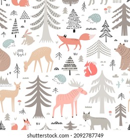Seamless pattern  with woodland animals. Vector background in scandinavian style.