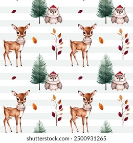 Seamless pattern with woodland animals in warm clothes. Cute autumn background. Watercolor deer owl wallpaper