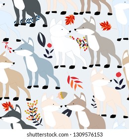 Seamless pattern of woodland  with cute fox by freehand doodle comic art,nursery childish style,texture for fabric, textile printed, apparel, nursery decoration,illustration Vector