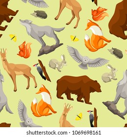 Seamless pattern with woodland forest animals and birds. Stylized illustration.