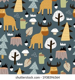 Seamless pattern with woodland, moose, decor elements. Colorful vector flat for kids. hand drawing. baby design for fabric, print, wrapper, textile