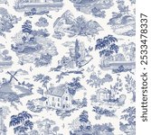 Seamless pattern. Woodland. Toile inspired. Vector vintage illustration. Blue and white. NOT AI generated