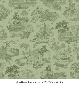 Padrão contínuo. Woodland. Toile inspirado. Ilustração do vetor vintage. Verde. NÃO gerado AI