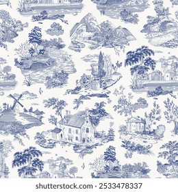 Seamless pattern. Woodland. Toile inspired. Vector vintage illustration. Blue and white. NOT AI generated