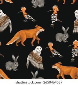 Seamless pattern with wood's animals and birds. Vector