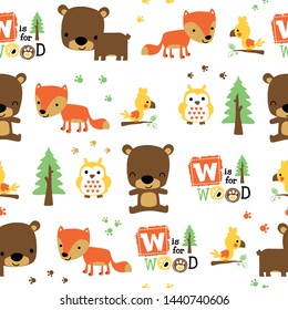 Seamless pattern of woods animals cartoon