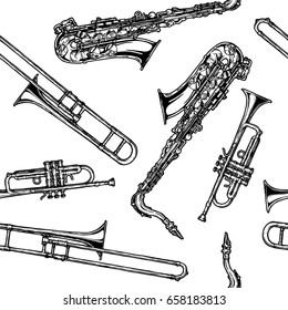 Seamless pattern with woodwind and brass musical instrument. Vector illustration in vintage engraved style on white background.   