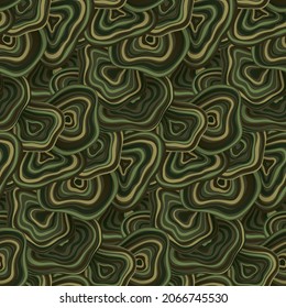 Seamless pattern with woody mushrooms or agate stones. Layered objects in a dense abstract composition. Natural forest and earthy colors. Vector.