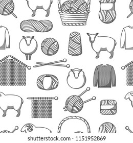 Seamless pattern with wool items. Goods for hand made, knitting or tailor shop.