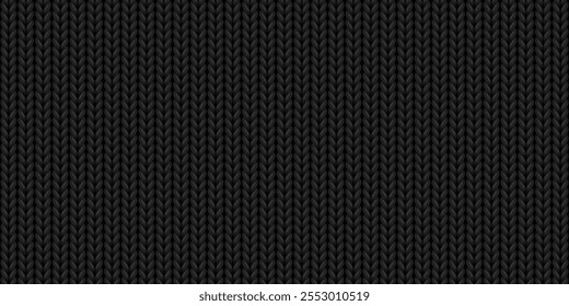 Padrão contínuo de tricô de lã, textura de suéter preto. Fundo abstrato de tecido de pano de malha, material de lã tecida ou fio de algodão para camisola de inverno quente ou xadrez, ilustração vetorial