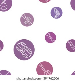 Seamless pattern with woolen threads, knitting needles and hooks and scissors.