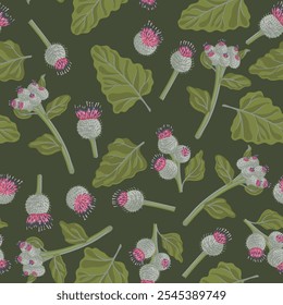 seamless pattern with woolly burdock, field flower, vector drawing wild plants , floral background, Arctium tomentosum, hand drawn botanical illustration