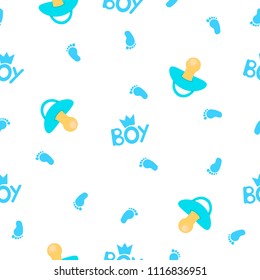 Seamless pattern with word boy, pacifiers, crowns and footprint. Vector illustration