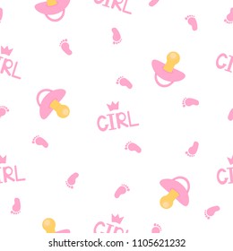 Seamless pattern with word girl, pacifiers, crowns and footprint. Vector illustration
